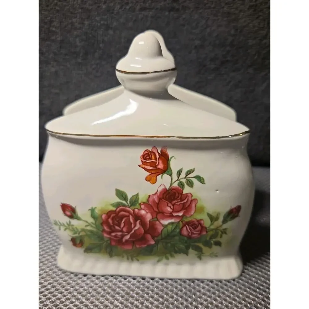 Vntg Porcelain Victorian Rose Salt & Pepper Shakers With Napkin Holder